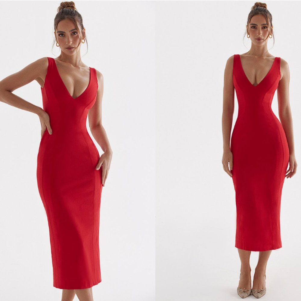 HOUSE OF CB 'Cece' Red Rose Plunge Maxi Dress NWOT